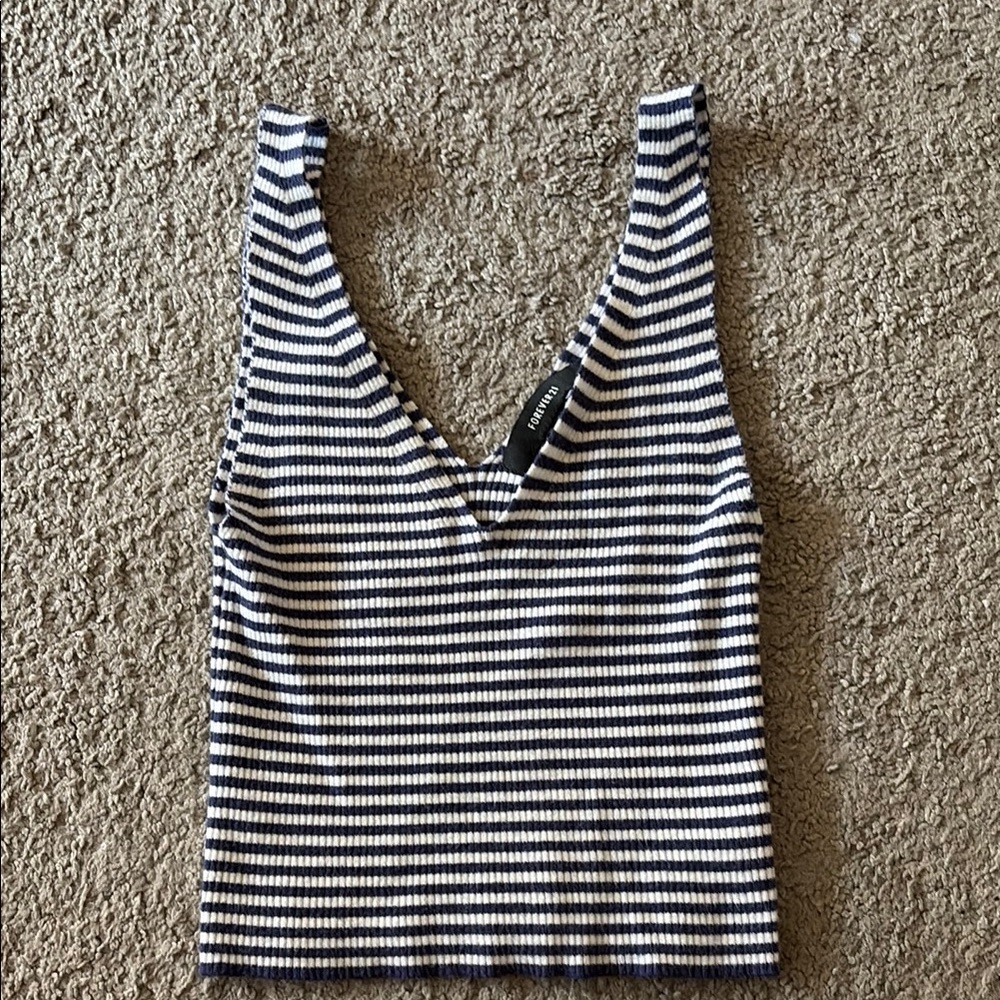 Forever 21 Blue and White Fitted Crop Tank Top